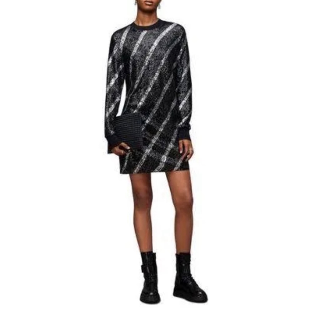 AllSaints Juela Bowi Long Sleeve Sequin Minidress in Black/Silver